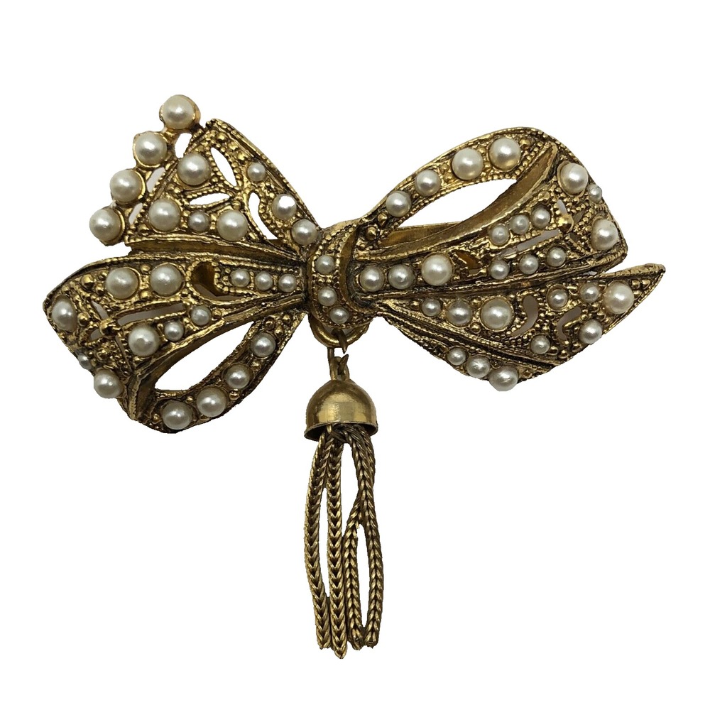 Vintage Bow Brooch Faux Pearl Gold Tone Dangle Fringe Art Deco Victorian Pin